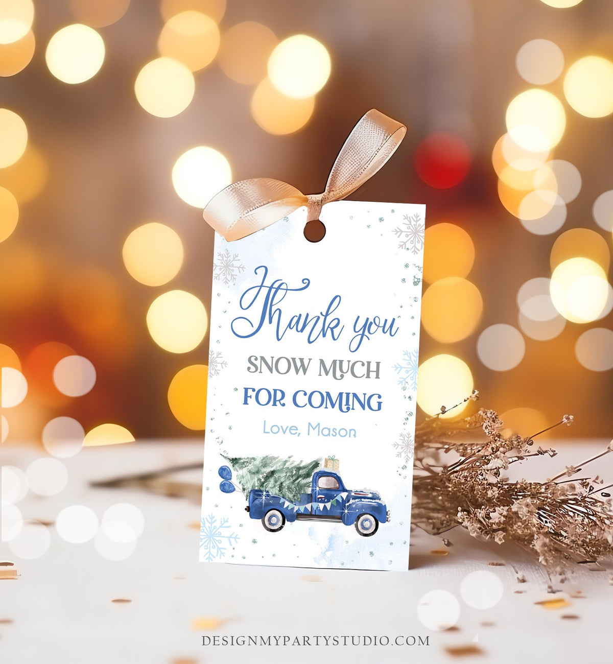 Editable Winter Onederland Favor Tag Christmas Tree Thank You Snow Much Blue Truck Birthday 1st Gift Tag Boy Digital Template Printable 0495