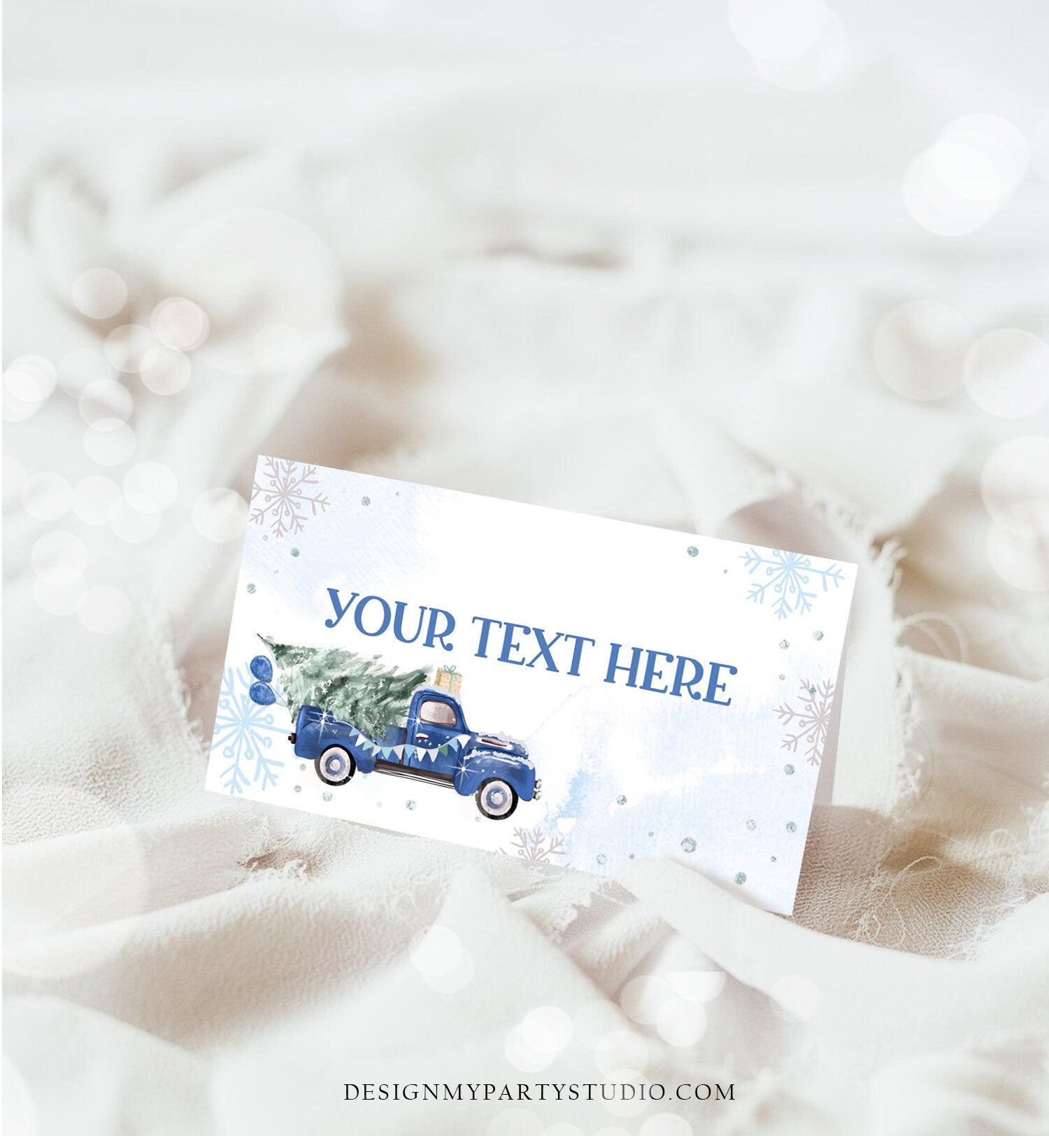 Editable Winter Truck Food Label Place Card Tent Card Escort Holiday Party Christmas Blue Truck Winter Tree Digital Template Printable 0495