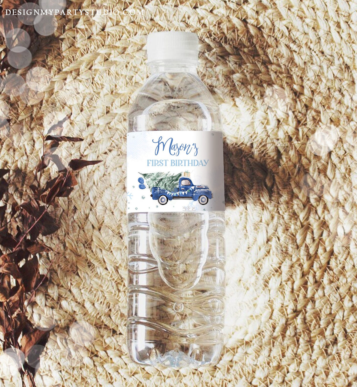 Editable Winter Truck Water Bottle Labels Winter Onederland Party Decor Boy Birthday Blue Truck Christmas Digital Template Printable 0495