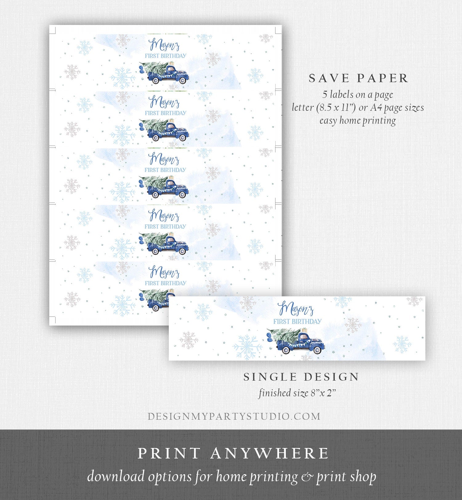 Editable Winter Truck Water Bottle Labels Winter Onederland Party Decor Boy Birthday Blue Truck Christmas Digital Template Printable 0495