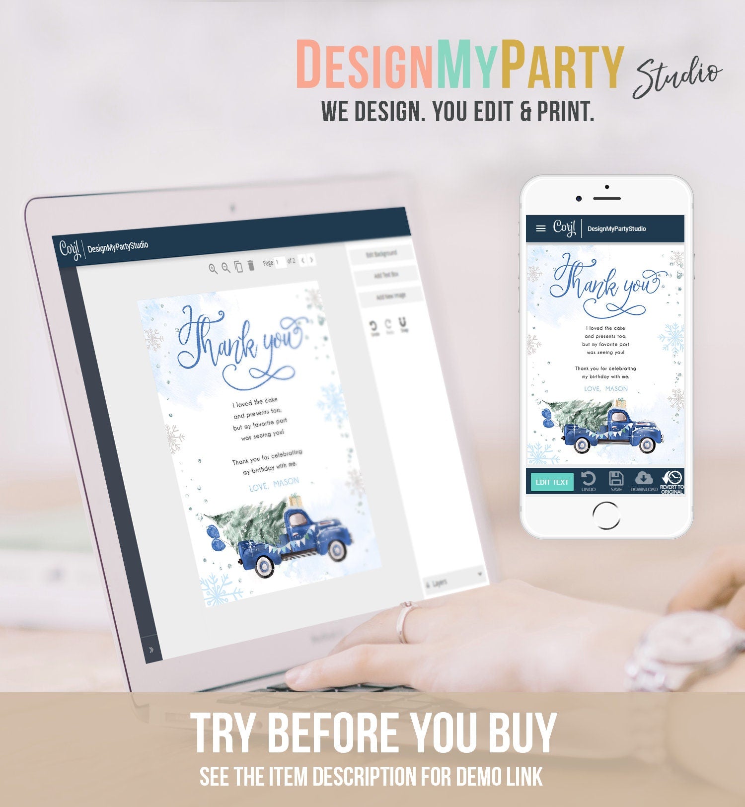 Editable Winter Truck Thank You Card Boy Birthday Winter Onederland Blue Truck Tree Christmas Snowflake Digital Template Printable 0495