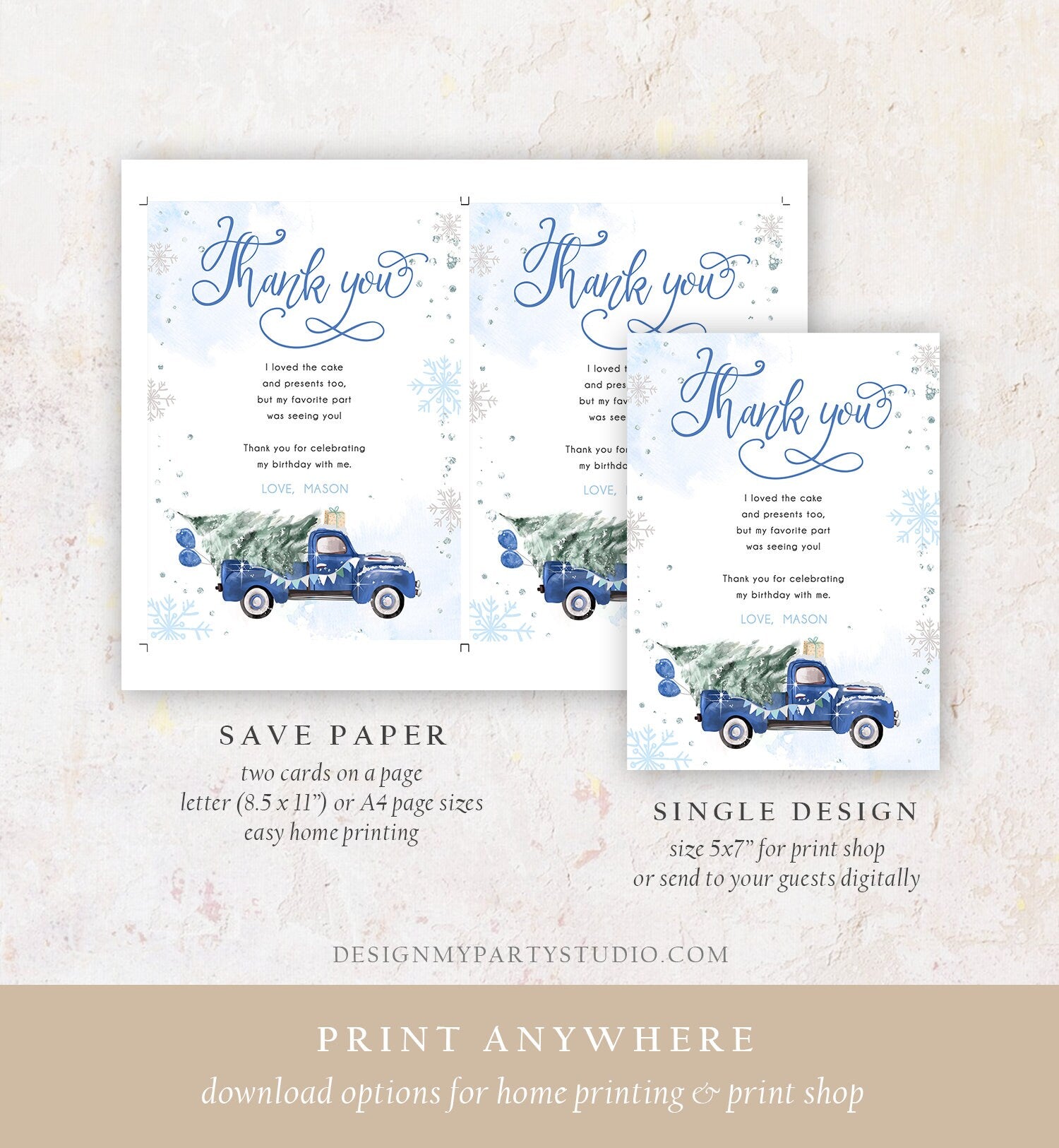 Editable Winter Truck Thank You Card Boy Birthday Winter Onederland Blue Truck Tree Christmas Snowflake Digital Template Printable 0495