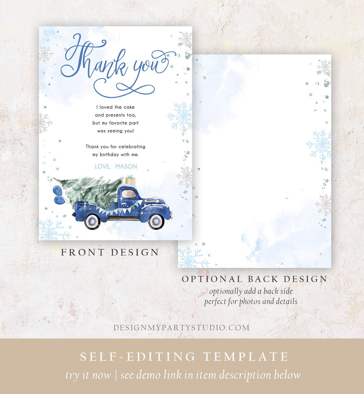 Editable Winter Truck Thank You Card Boy Birthday Winter Onederland Blue Truck Tree Christmas Snowflake Digital Template Printable 0495