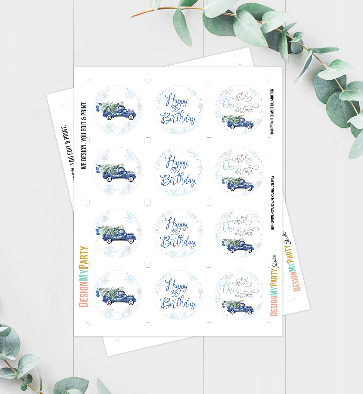 Winter Truck Cupcake Toppers Winter ONEderland Tree Boy First Birthday Party Decor Blue Truck Stickers Tags Digital Download Printable 0495