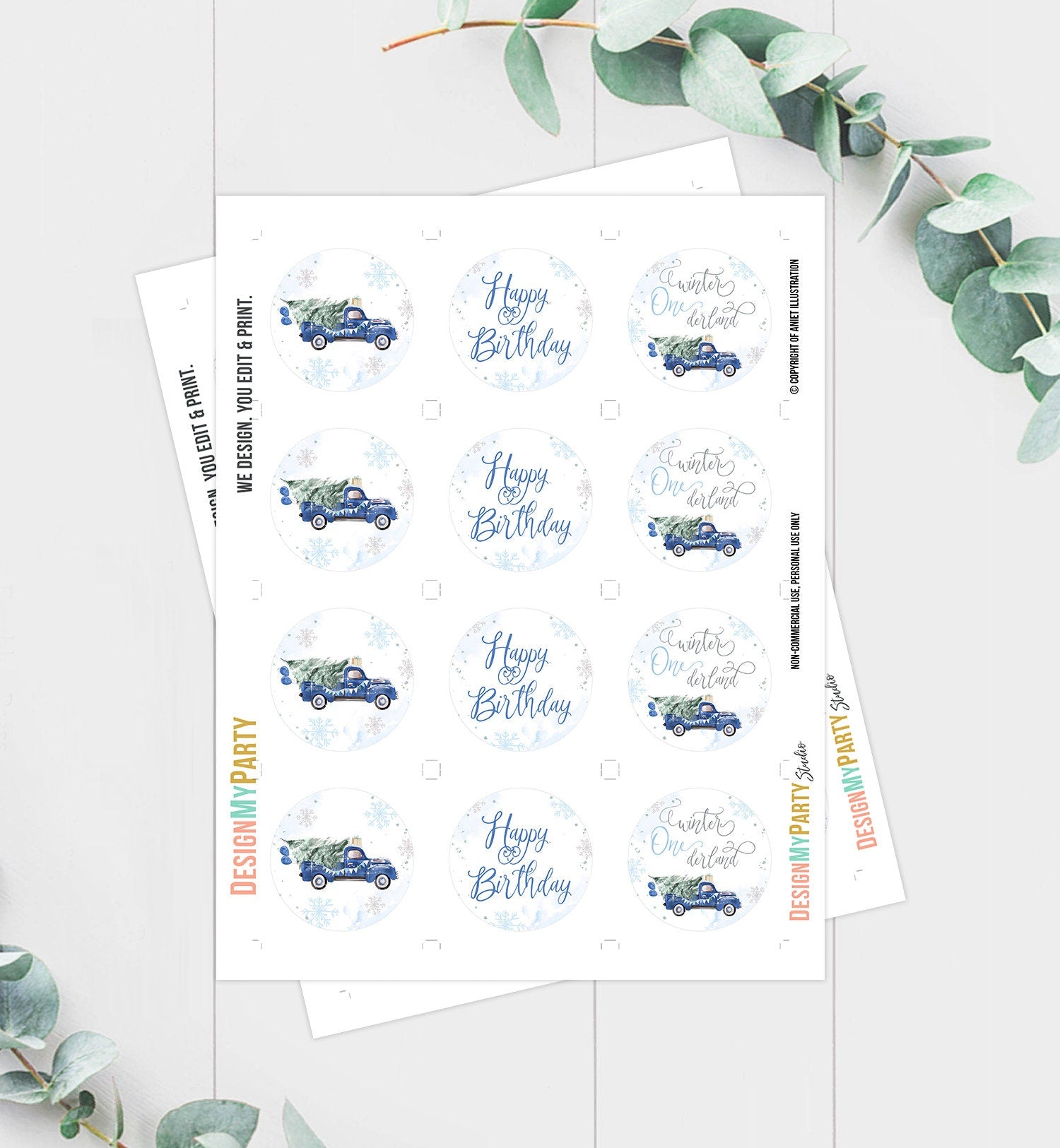 Winter Truck Cupcake Toppers Winter ONEderland Tree Boy First Birthday Party Decor Blue Truck Stickers Tags Digital Download Printable 0495