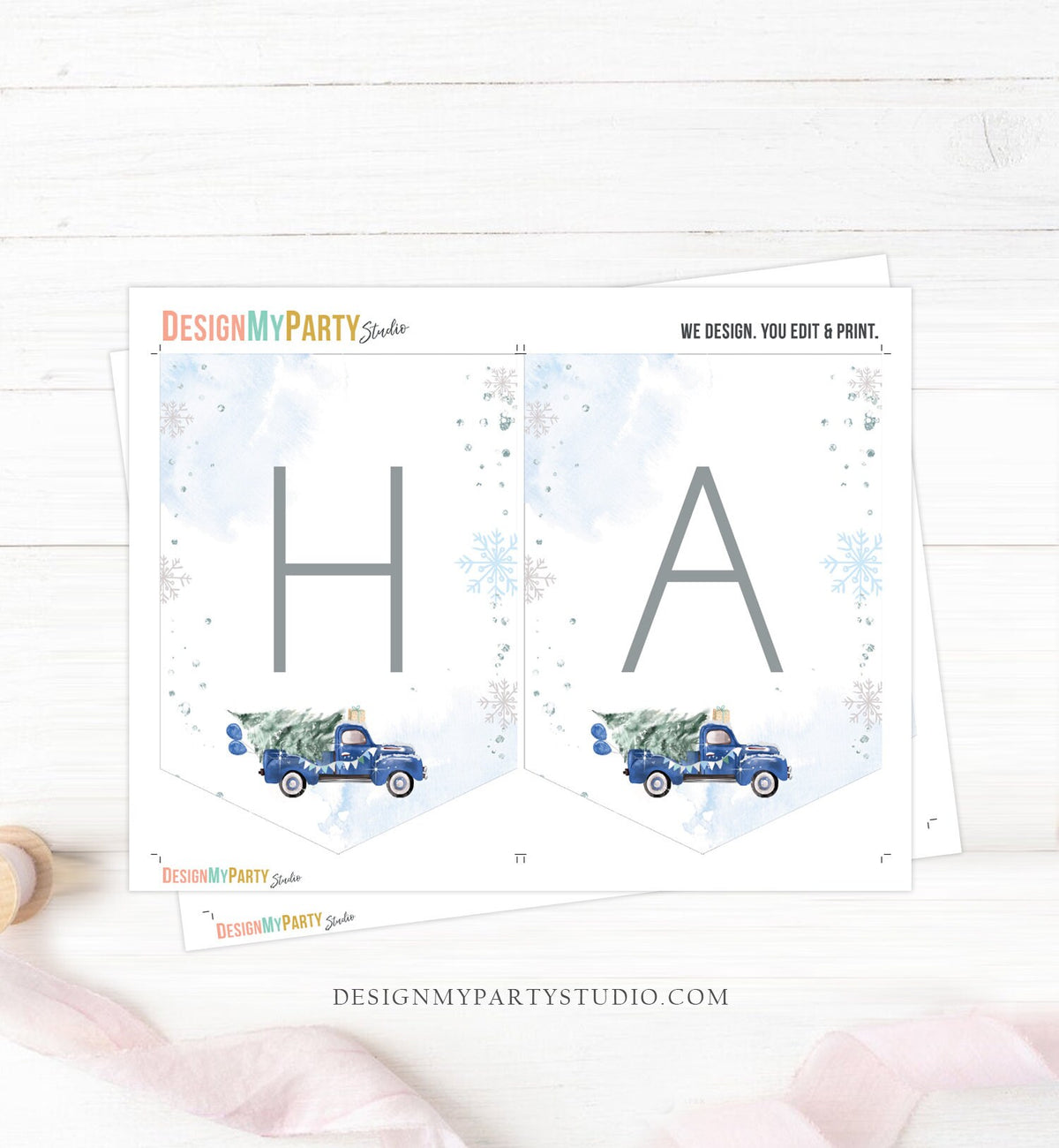 Happy Birthday Banner Winter Truck Blue Boy Birthday Winter Onederland Decor Christmas Tree Watercolor Digital Download Printable 0495