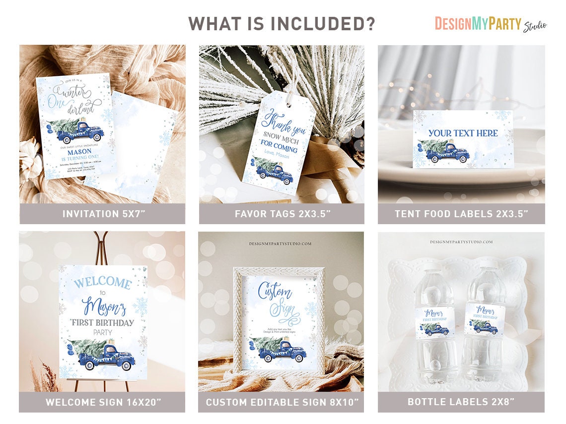 Winter ONEderland Birthday Bundle Christmas Winter Blue Truck Boy First Birthday Tree Snowflakes Watercolor Digital Template Printable 0495