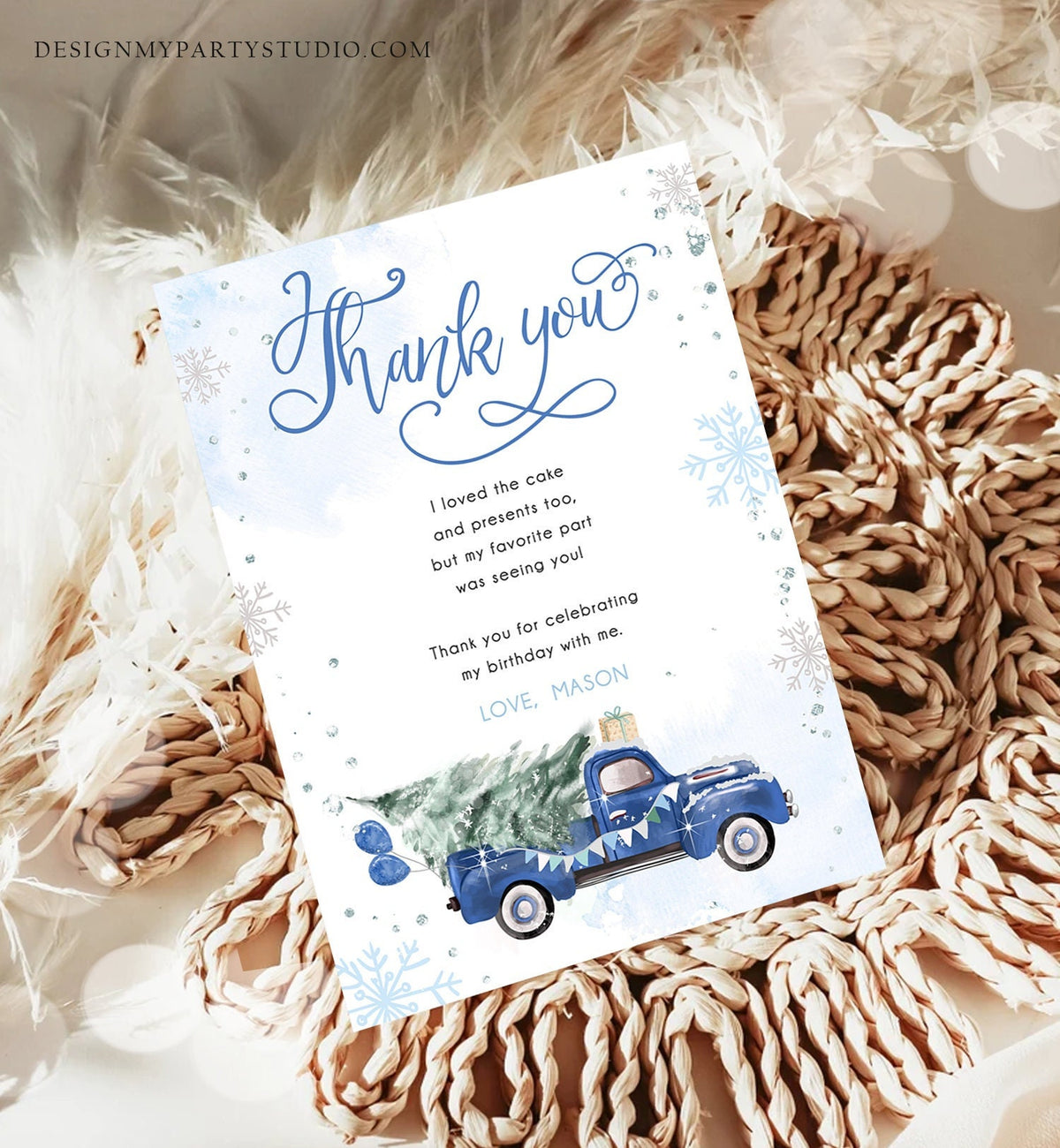 Editable Winter Truck Thank You Card Boy Birthday Winter Onederland Blue Truck Tree Christmas Snowflake Digital Template Printable 0495