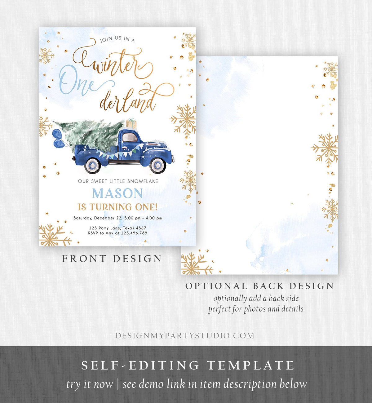 Editable Winter Onederland Winter First Birthday Invitation Christmas Winter Gold Blue Truck Boy Silver Minimalist Template Printable 0495