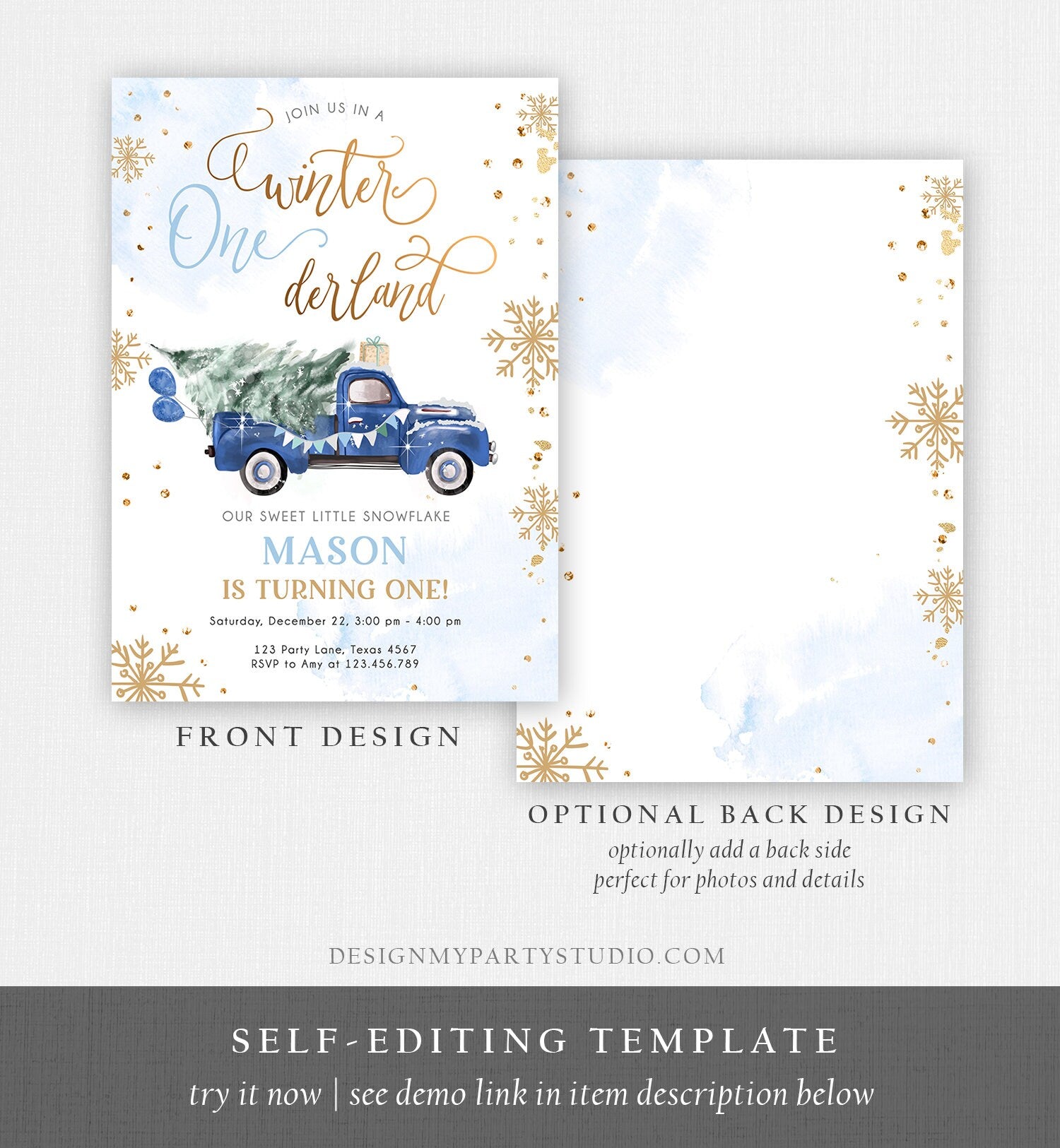Editable Winter Onederland Winter First Birthday Invitation Christmas Winter Gold Blue Truck Boy Silver Minimalist Template Printable 0495