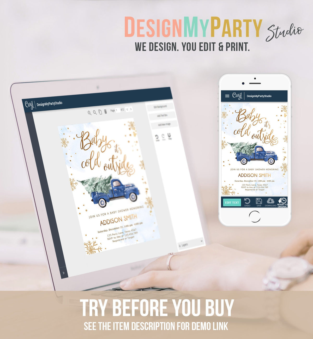 Editable Baby Its Cold Outside Baby Shower Invitation Winter Truck Blue Boy Baby Shower Gold Watercolor Tree Digital Template Printable 0495