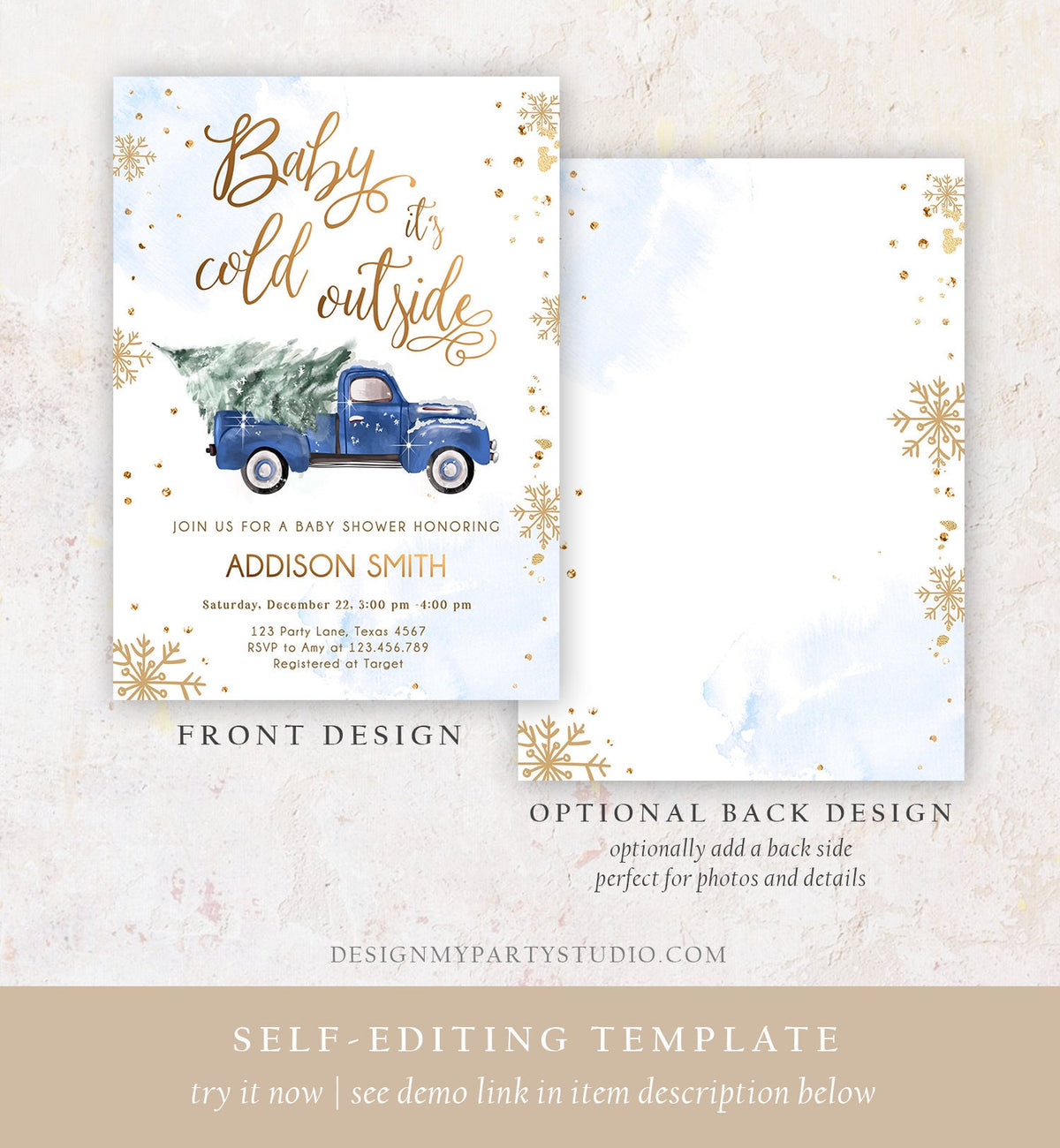 Editable Baby Its Cold Outside Baby Shower Invitation Winter Truck Blue Boy Baby Shower Gold Watercolor Tree Digital Template Printable 0495