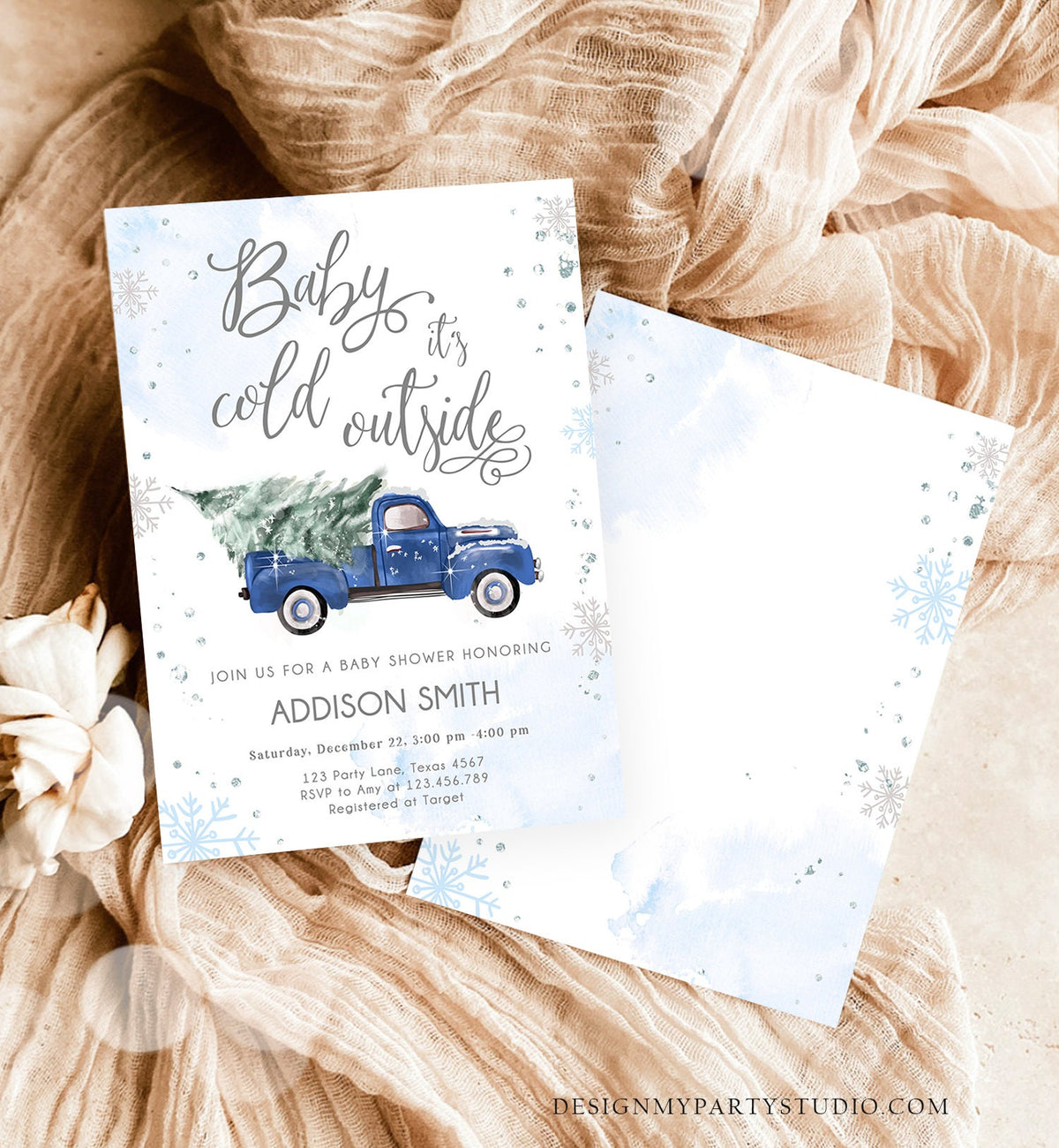 Editable Baby Its Cold Outside Baby Shower Invitation Winter Truck Blue Boy Baby Shower Silver Watercolor Digital Template Printable 0495