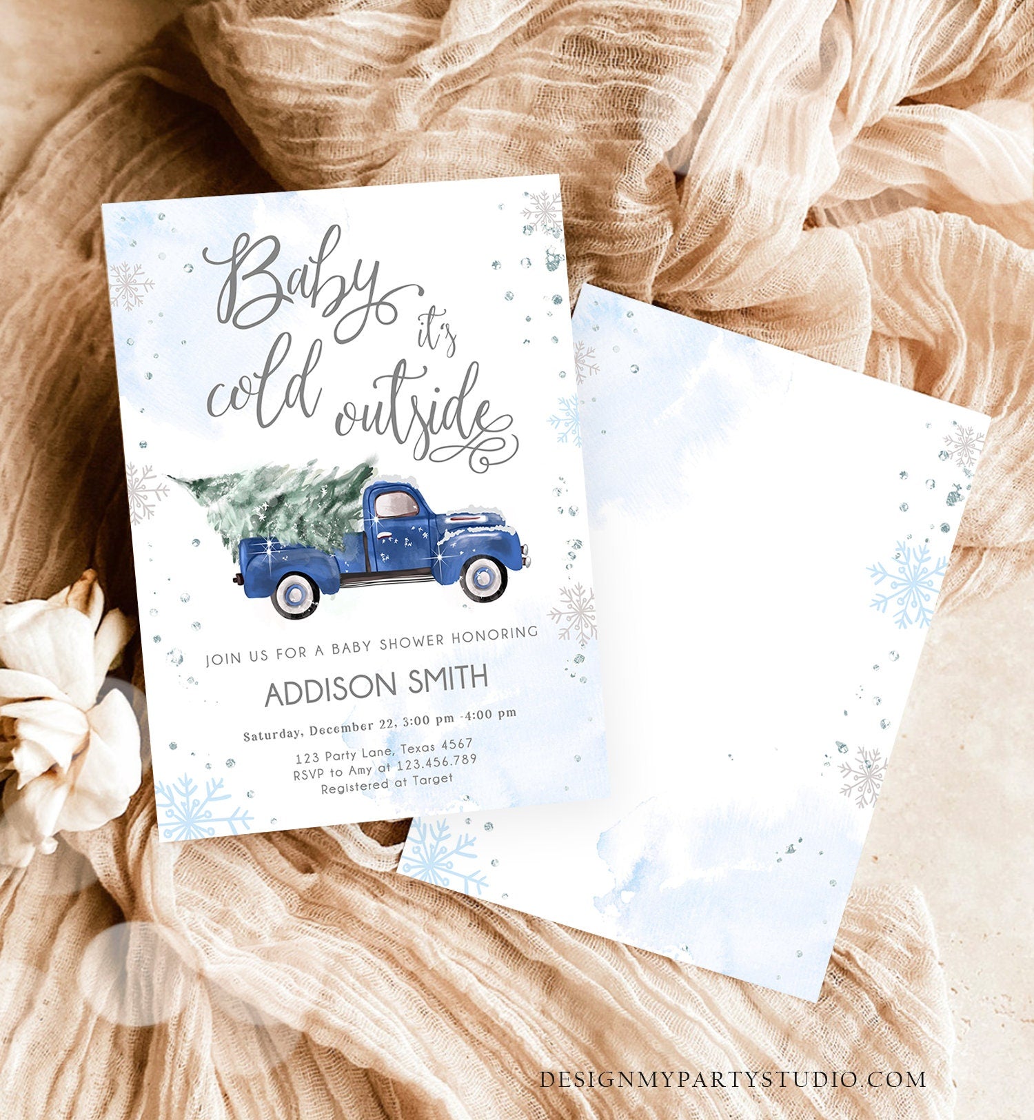 Editable Baby Its Cold Outside Baby Shower Invitation Winter Truck Blue Boy Baby Shower Silver Watercolor Digital Template Printable 0495