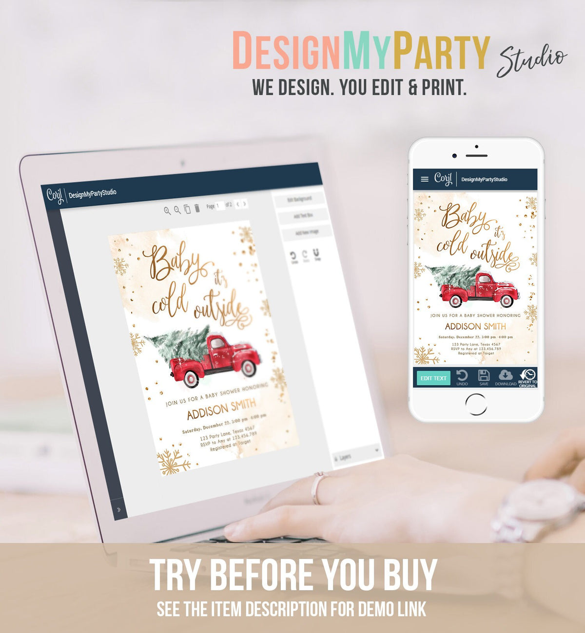 Editable Baby Its Cold Outside Baby Shower Invitation Winter Truck Red Gender Neutral Baby Shower Gold Tree Download Template Printable 0495