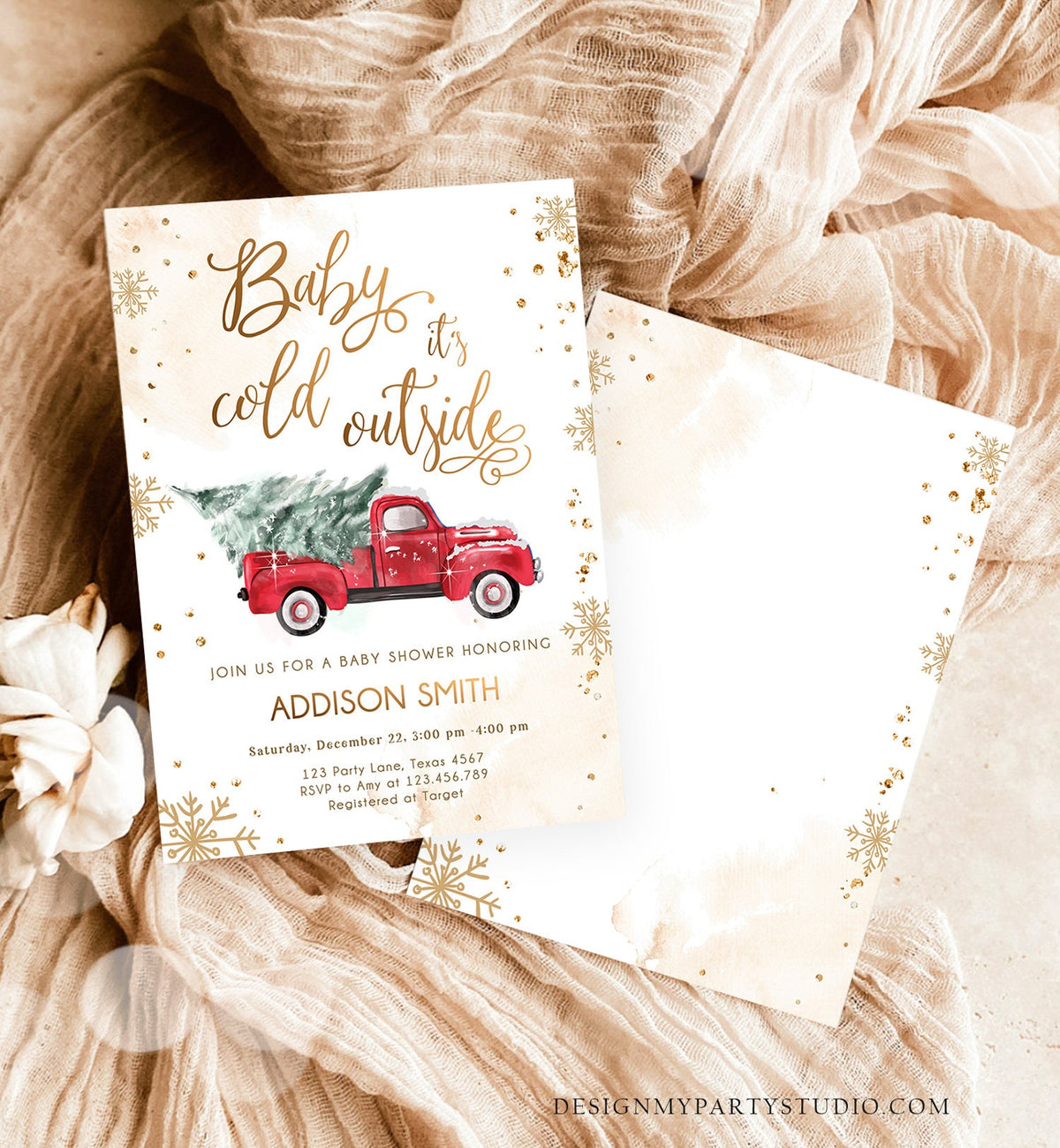 Editable Baby Its Cold Outside Baby Shower Invitation Winter Truck Red Gender Neutral Baby Shower Gold Tree Download Template Printable 0495