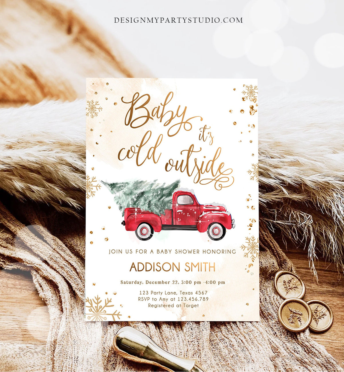 Editable Baby Its Cold Outside Baby Shower Invitation Winter Truck Red Gender Neutral Baby Shower Gold Tree Download Template Printable 0495