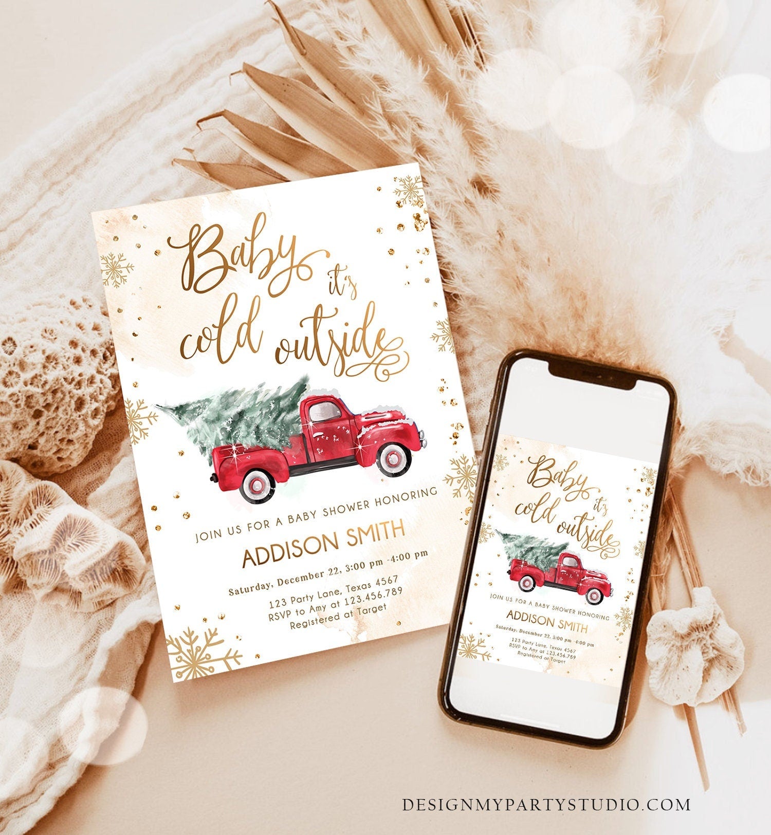 Editable Baby Its Cold Outside Baby Shower Invitation Winter Truck Red Gender Neutral Baby Shower Gold Tree Download Template Printable 0495