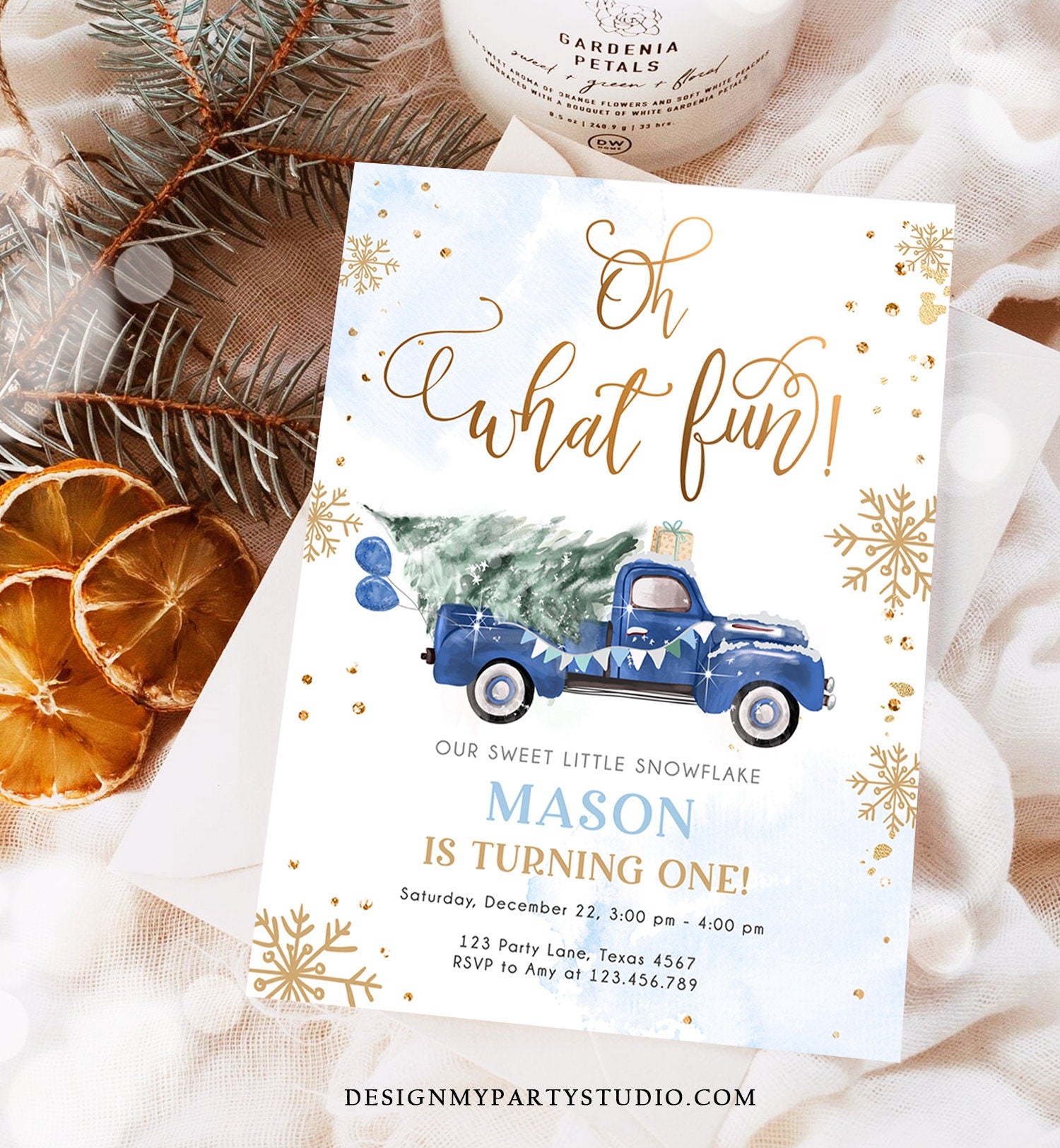 Editable Oh What Fun! Holiday 1st Winter Birthday Invitation Winter Truck Boy Christmas Party Blue Gold Digital Template Printable 0495