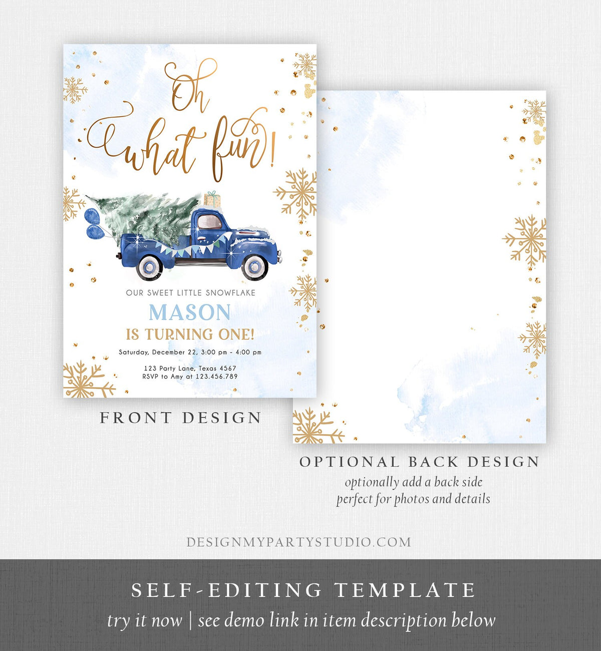 Editable Oh What Fun! Holiday 1st Winter Birthday Invitation Winter Truck Boy Christmas Party Blue Gold Digital Template Printable 0495
