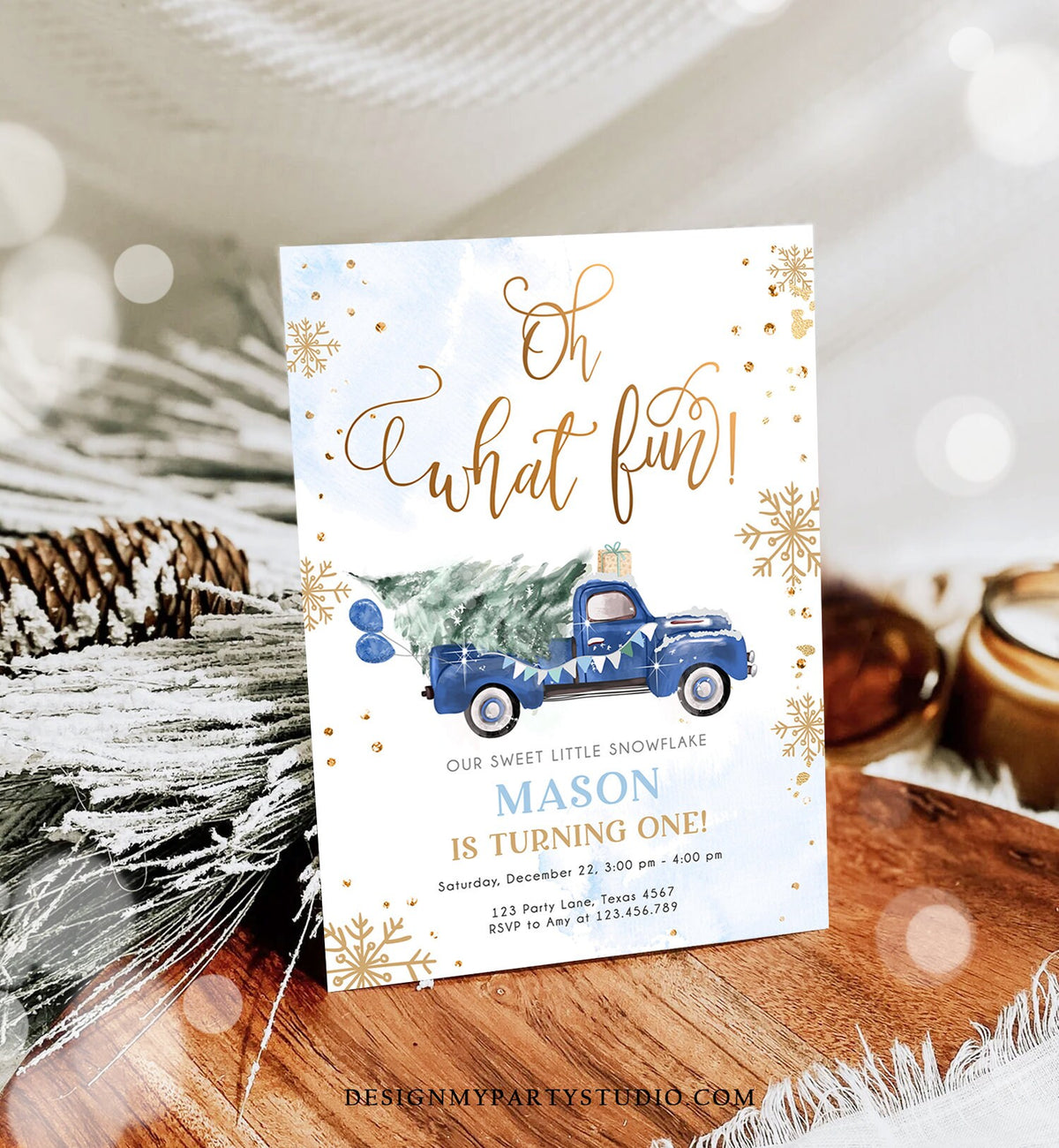 Editable Oh What Fun! Holiday 1st Winter Birthday Invitation Winter Truck Boy Christmas Party Blue Gold Digital Template Printable 0495