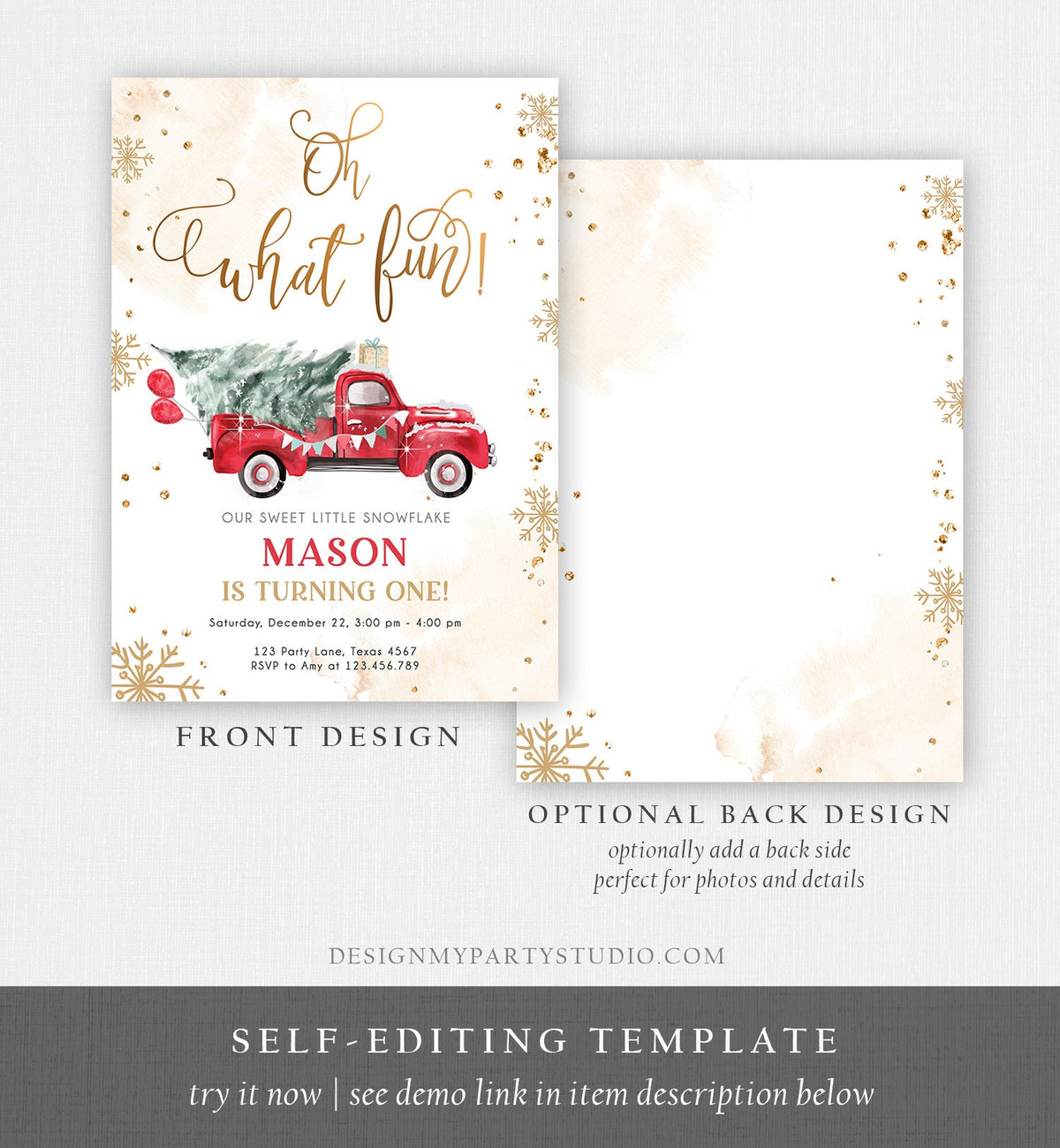 Editable Oh What Fun! Holiday 1st Winter Birthday Invitation Winter Truck Boy Christmas Party Red Truck Gold Digital Template Printable 0495