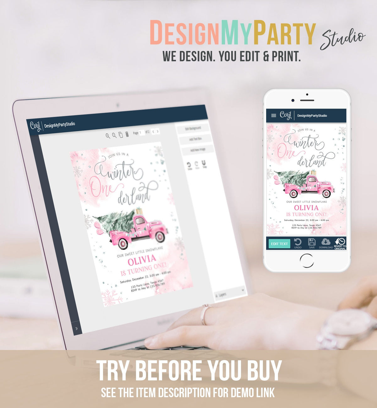 Editable Winter Onederland Winter First Birthday Invitation Christmas Winter Silver Pink Truck Girl Minimalist Template Printable 0495