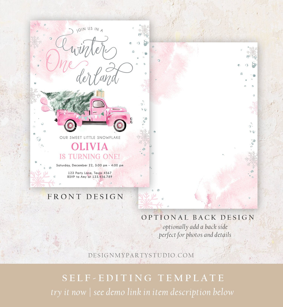 Editable Winter Onederland Winter First Birthday Invitation Christmas Winter Silver Pink Truck Girl Minimalist Template Printable 0495