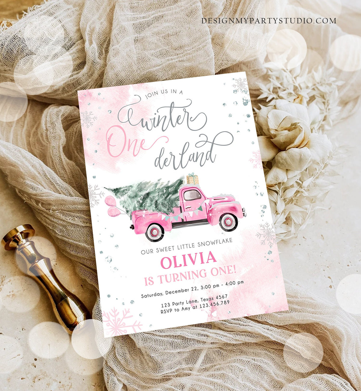 Editable Winter Onederland Winter First Birthday Invitation Christmas Winter Silver Pink Truck Girl Minimalist Template Printable 0495