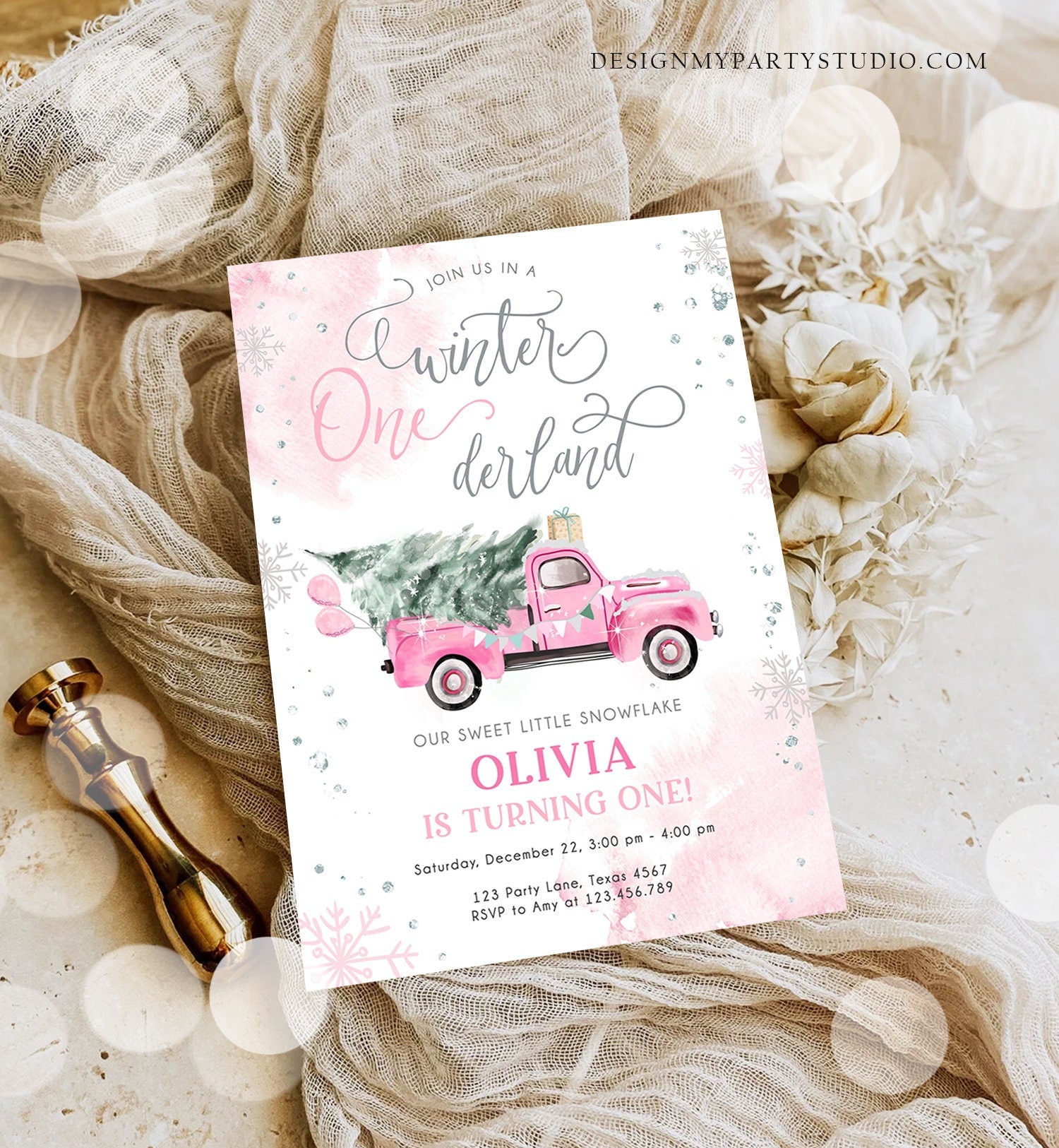 Editable Winter Onederland Winter First Birthday Invitation Christmas Winter Silver Pink Truck Girl Minimalist Template Printable 0495