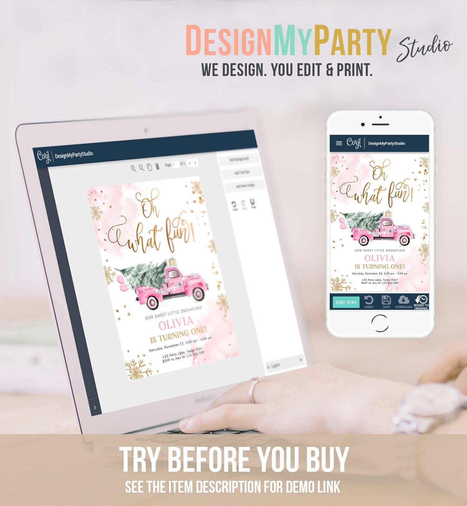 Editable Oh What Fun! Holiday 1st Winter Birthday Invitation Winter Truck Girl Christmas Party Pink Gold Digital Template Printable 0495