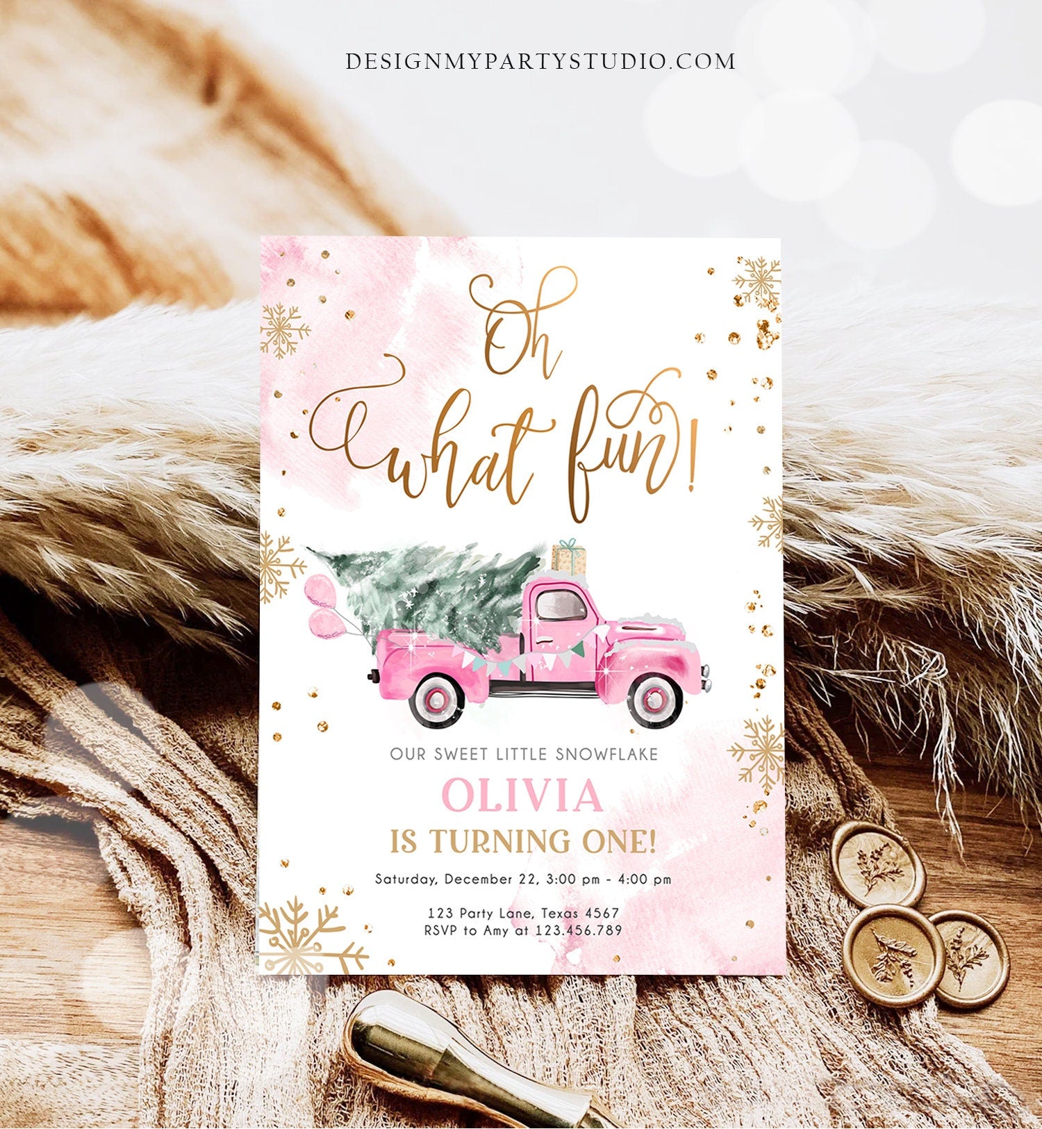 Editable Oh What Fun! Holiday 1st Winter Birthday Invitation Winter Truck Girl Christmas Party Pink Gold Digital Template Printable 0495