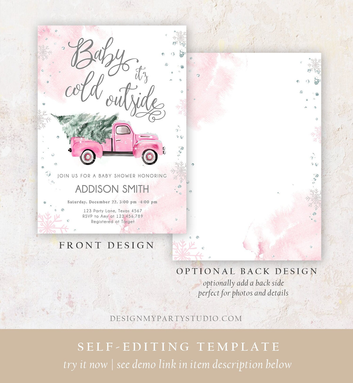 Editable Baby Its Cold Outside Baby Shower Invitation Winter Truck Pink Girl Baby Shower Silver Watercolor Digital Template Printable 0495