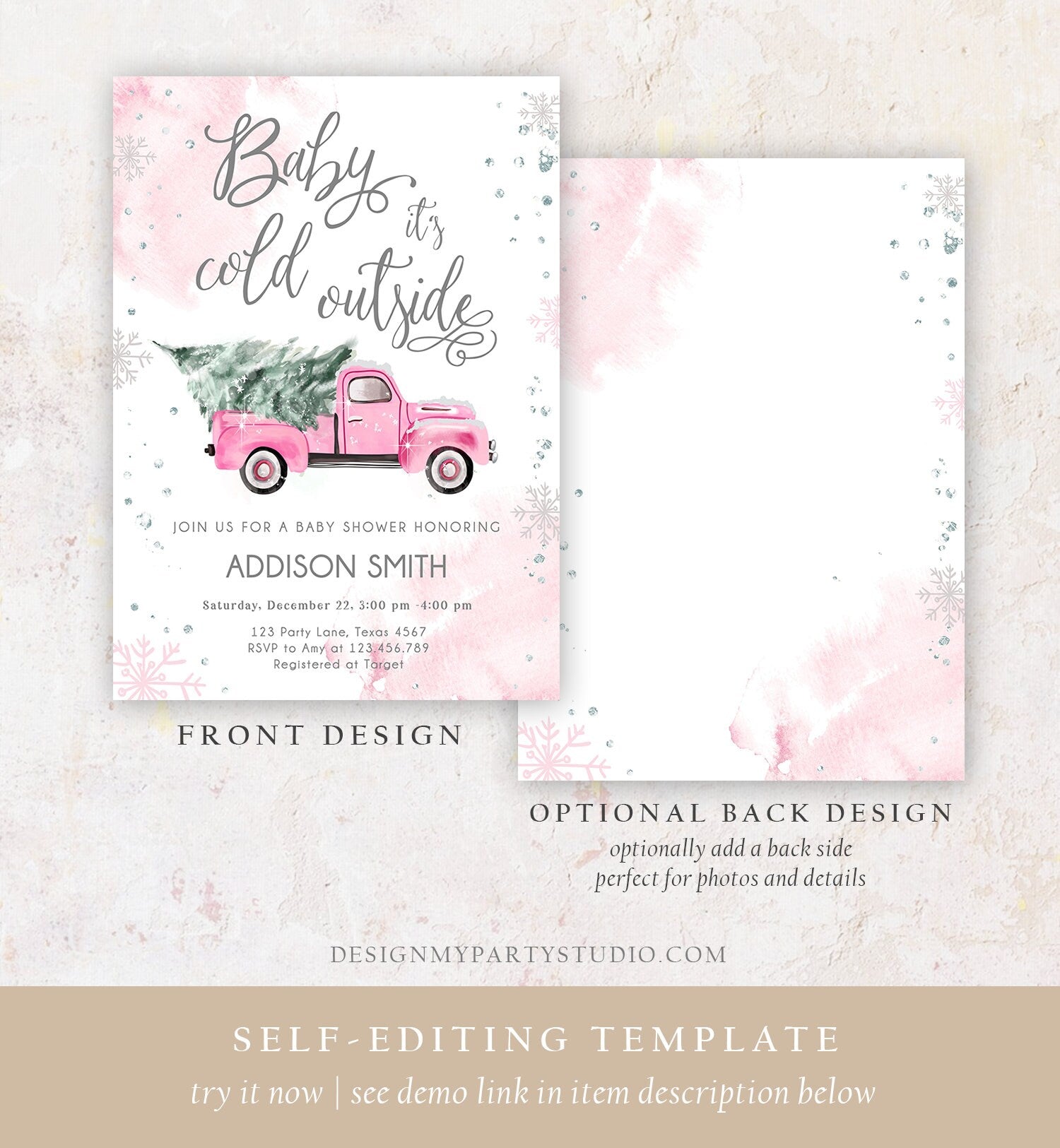 Editable Baby Its Cold Outside Baby Shower Invitation Winter Truck Pink Girl Baby Shower Silver Watercolor Digital Template Printable 0495
