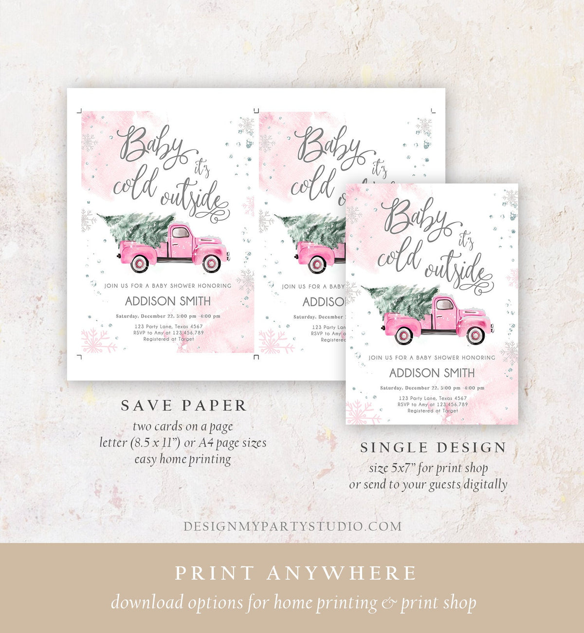 Editable Baby Its Cold Outside Baby Shower Invitation Winter Truck Pink Girl Baby Shower Silver Watercolor Digital Template Printable 0495