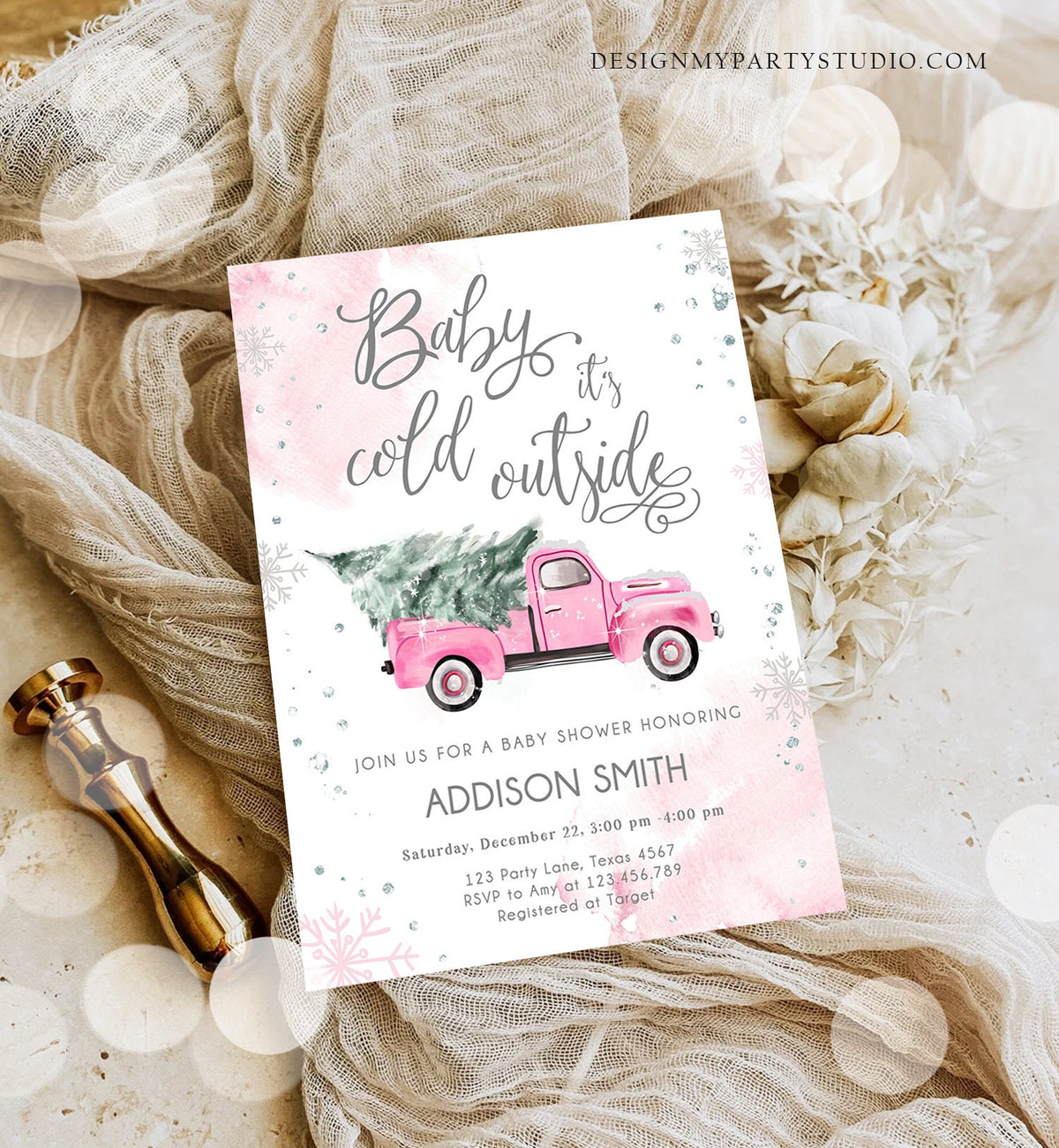 Editable Baby Its Cold Outside Baby Shower Invitation Winter Truck Pink Girl Baby Shower Silver Watercolor Digital Template Printable 0495