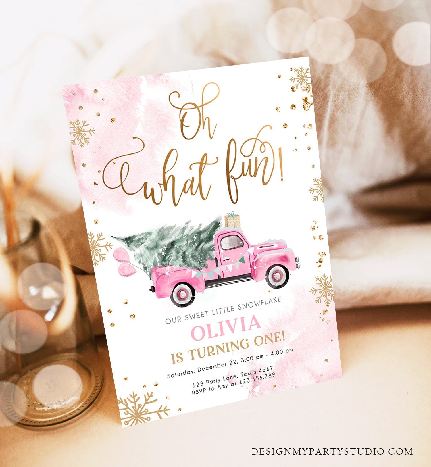 Editable Oh What Fun! Holiday 1st Winter Birthday Invitation Winter Truck Girl Christmas Party Pink Gold Digital Template Printable 0495