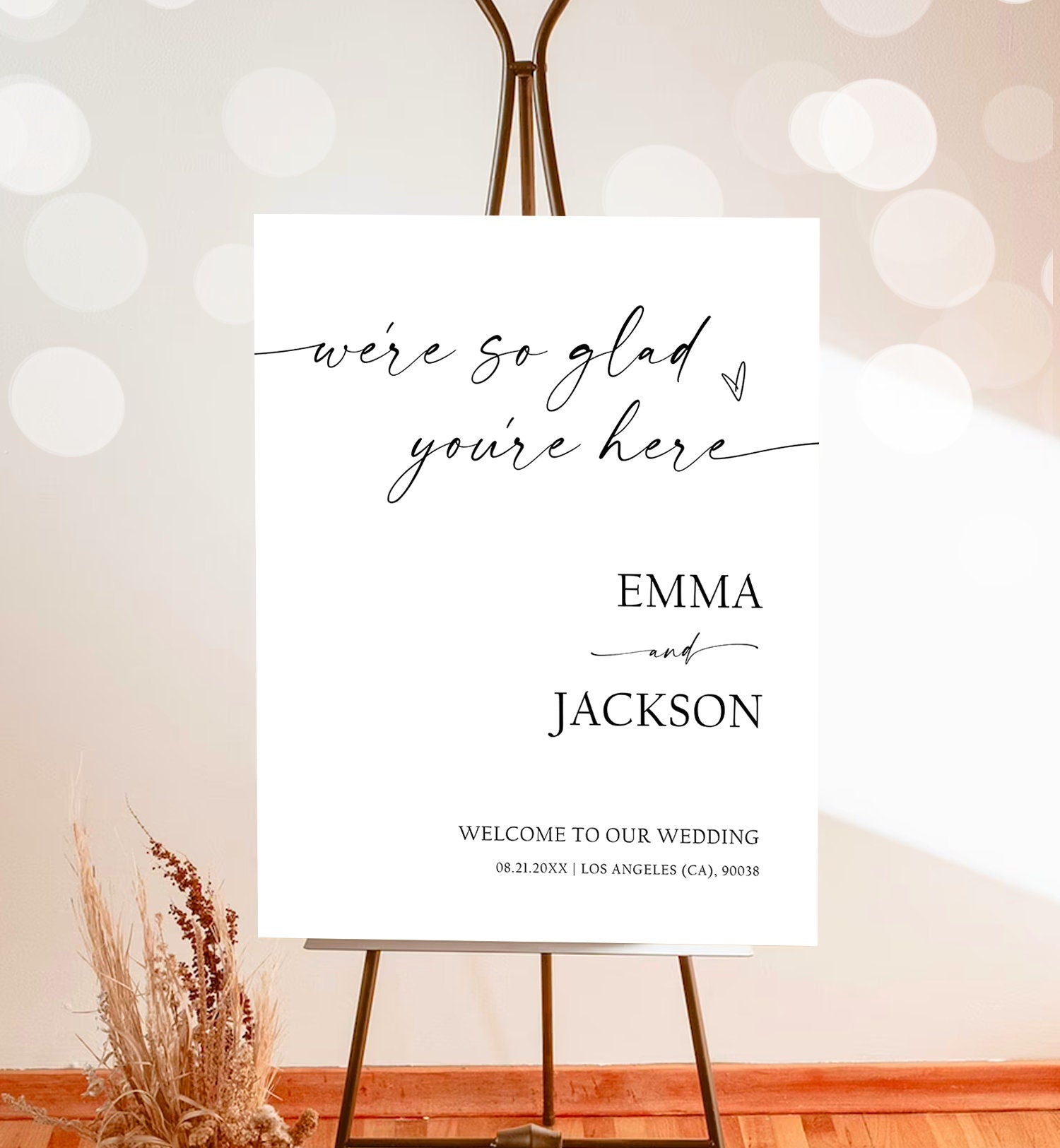 We're So Glad You're Here Minimalist Wedding Welcome Sign Boho Rustic Modern Calligraphy Welcome Poster Digital Template Printable 0493