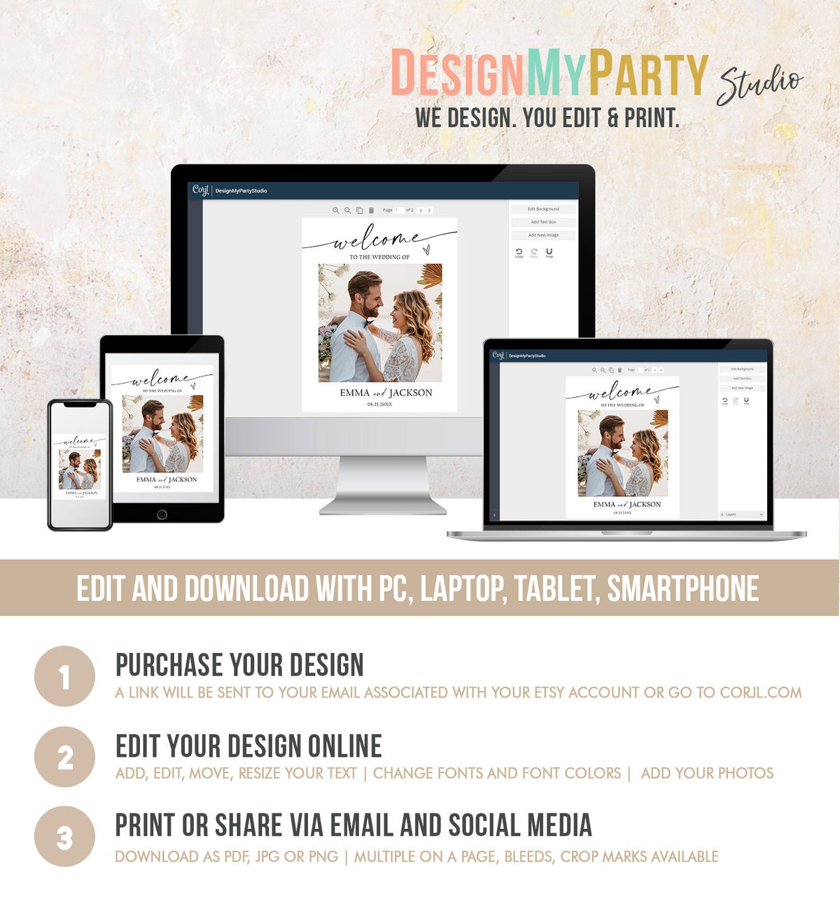 Photo Wedding Welcome Sign Minimalist Modern Boho Photo Poster Calligraphy Welcome Couples Shower Digital Template Printable 0493