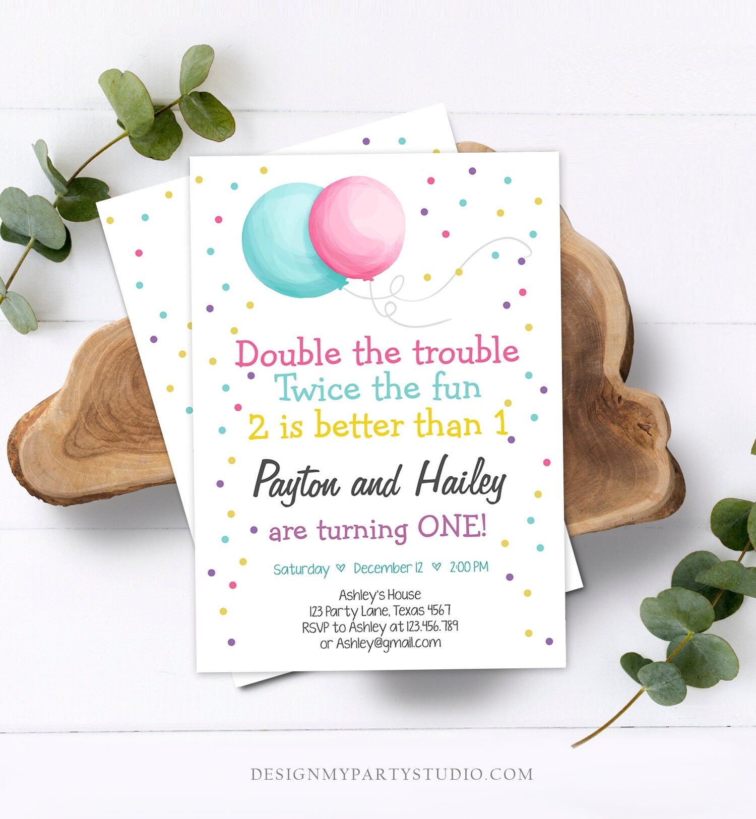 Editable Joint Twin Birthday Invitation Twins Birthday Party Dual Joint Siblings Party Boy and Girl Digital Download Template Printable