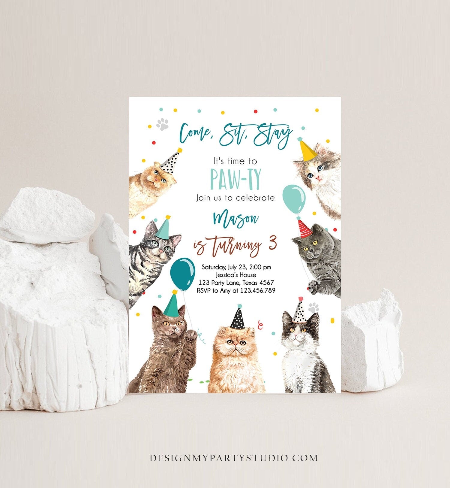 Editable Cat Birthday Party Invitation Kitten Birthday Invite Blue Boy Kitty Cat Pet Cute Digital Download Evite Template Printable 0384
