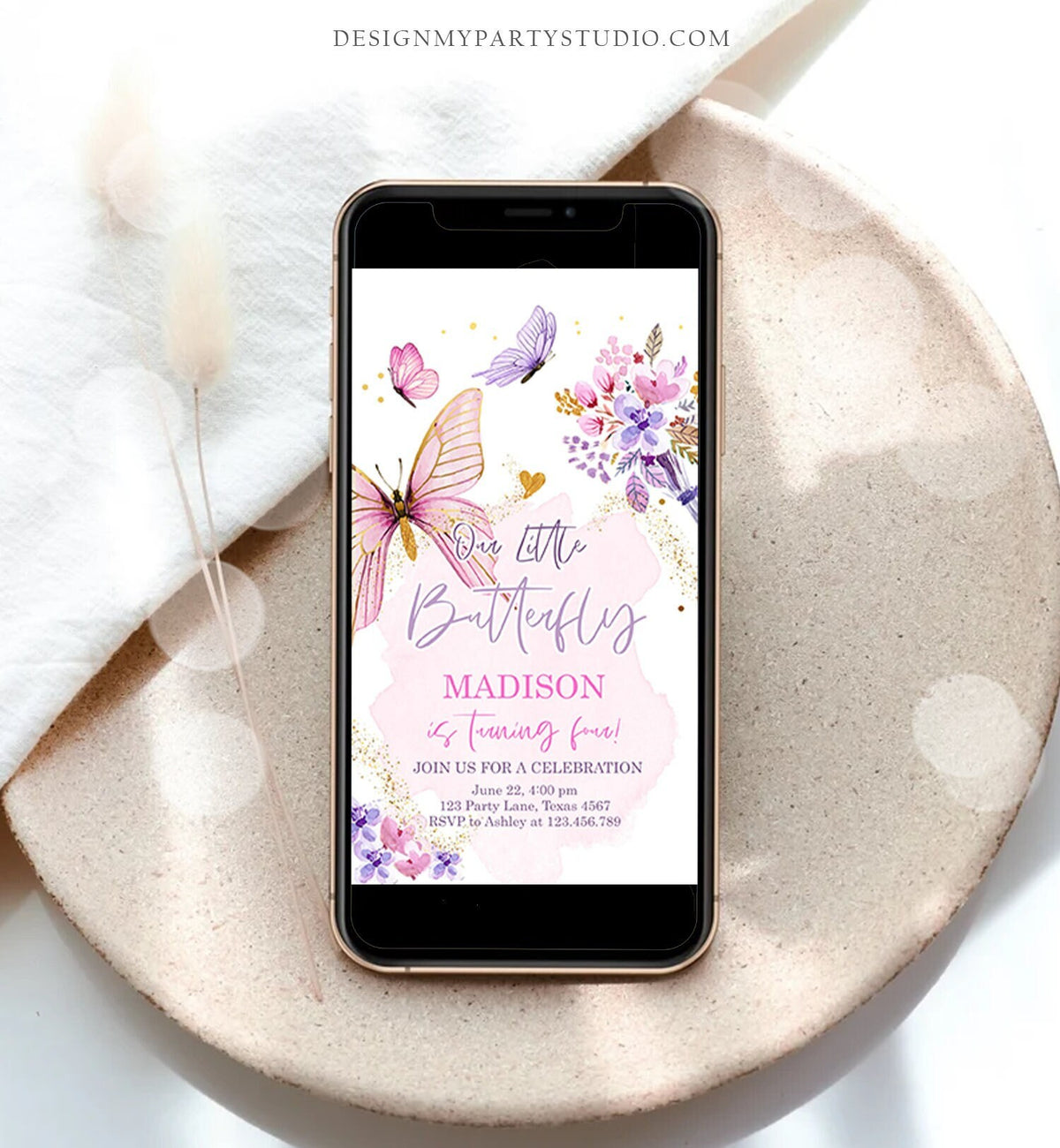 Editable Butterfly Birthday Evite Girl Purple Butterfly Invite 1st Birthday Party Floral Pink Phone Digital Download Evite Template 0437