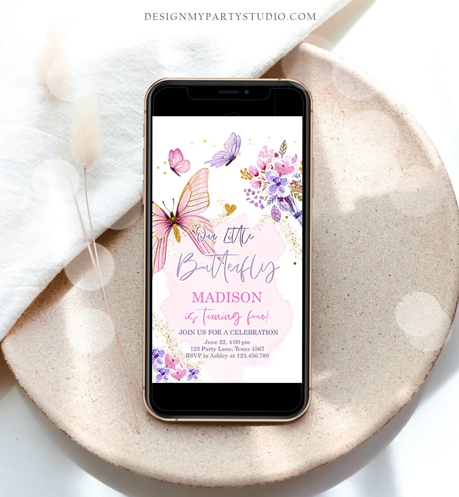Editable Butterfly Birthday Evite Girl Purple Butterfly Invite 1st Birthday Party Floral Pink Phone Digital Download Evite Template 0437