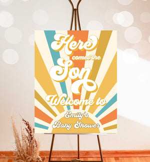 Editable Baby Shower Welcome Sign Sunshine Shower Here Comes the Son Welcome Poster Boy Retro Groovy Decor Corjl Template Printable 0457