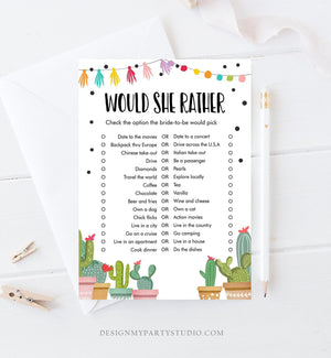 Editable Would She Rather Bridal Shower Game Cactus Fiesta Mexican Coed Shower Succulent Wedding Activity Corjl Template Printable 0254