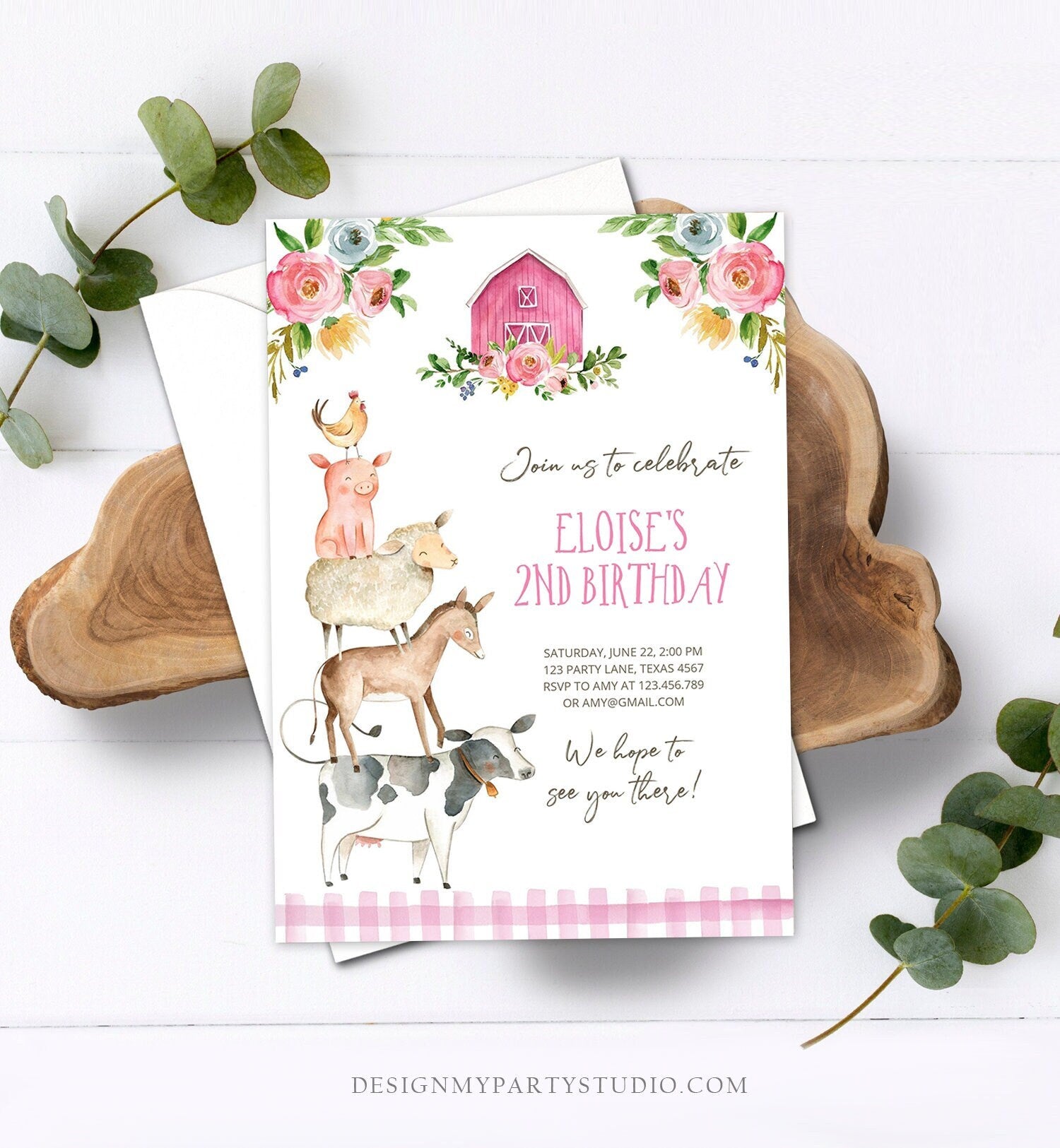 Editable Farm Animals Birthday Invitation Girl Party Animals Pink Floral Barnyard Party Digital Download Evite Template Printable 0155
