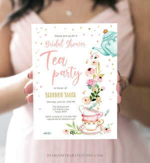 Editable Bridal Shower Tea Party Invitation Bridal Tea Shower Invite Pink Gold Floral Brunch Download Printable Template Corjl Digital 0349