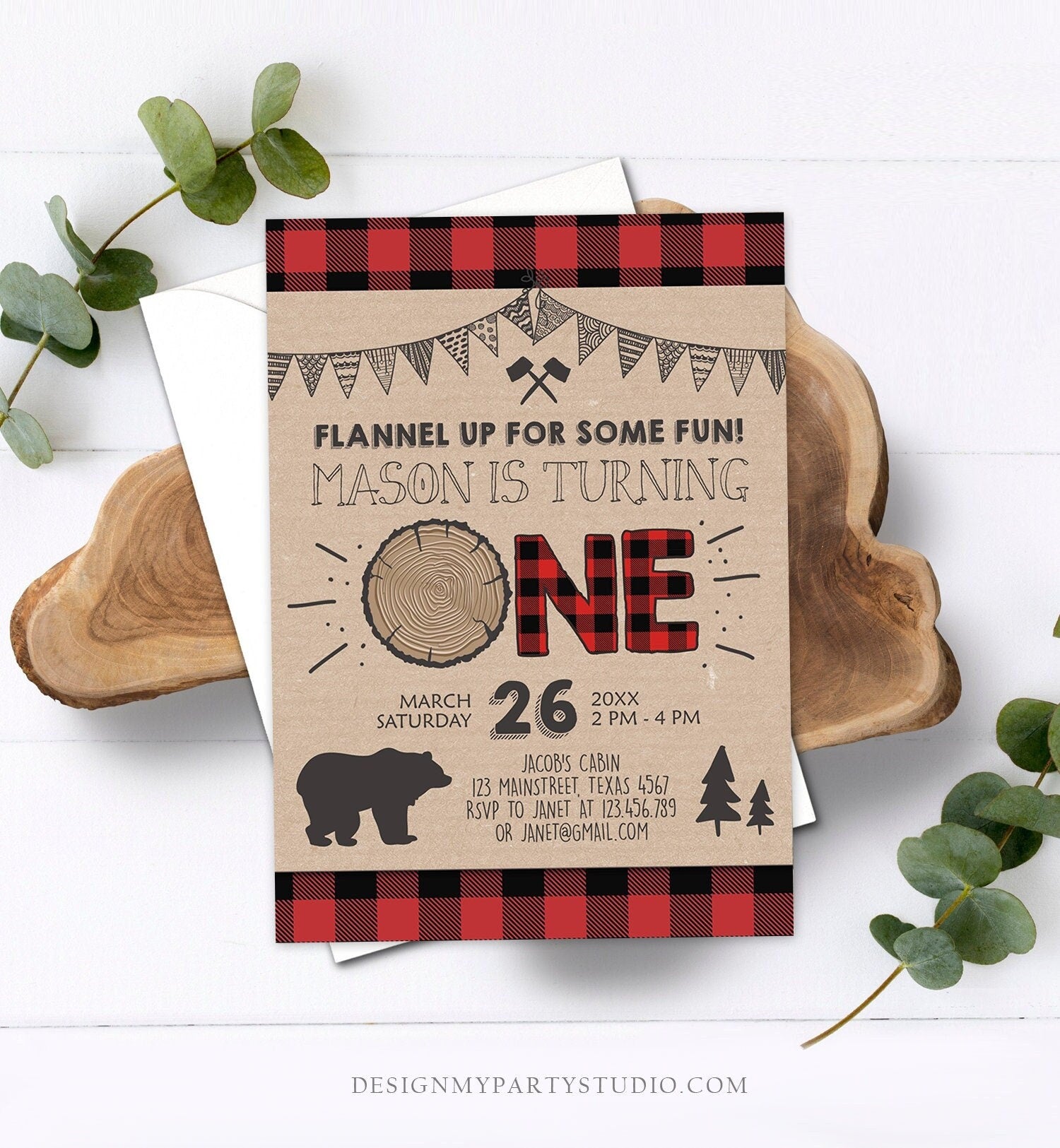 Editable Lumberjack Birthday Invitation Rustic Woodland First Birthday Bear Forest Red Black Plaid Download Corjl Template Printable 0026