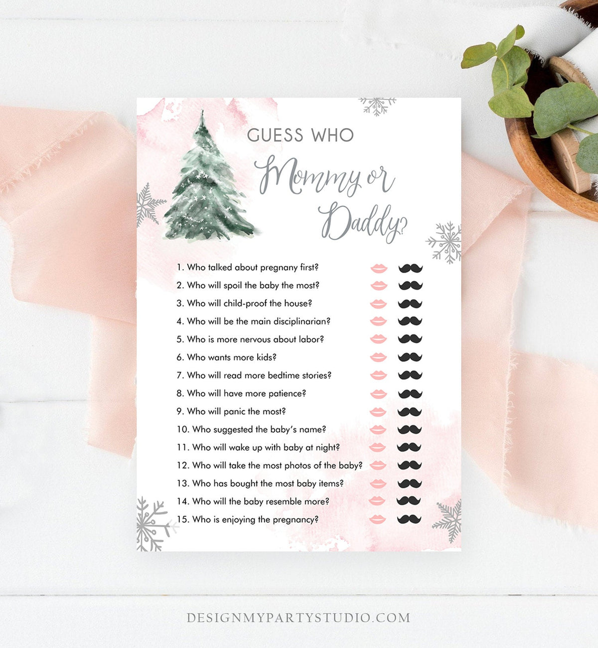 Editable Guess Who Mommy or Daddy Baby Shower Game Winter Baby Shower Cold Outside Girl Pink Tree Watercolor Corjl Template Printable 0363