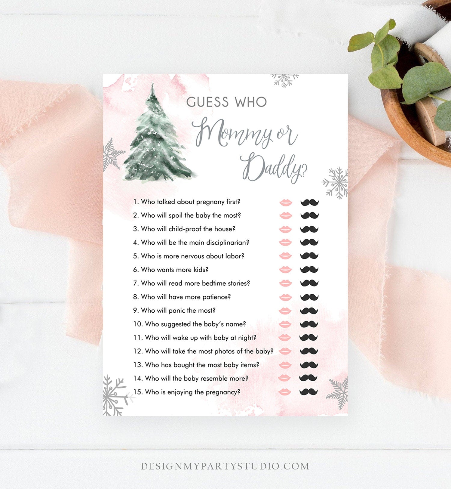 Editable Guess Who Mommy or Daddy Baby Shower Game Winter Baby Shower Cold Outside Girl Pink Tree Watercolor Corjl Template Printable 0363
